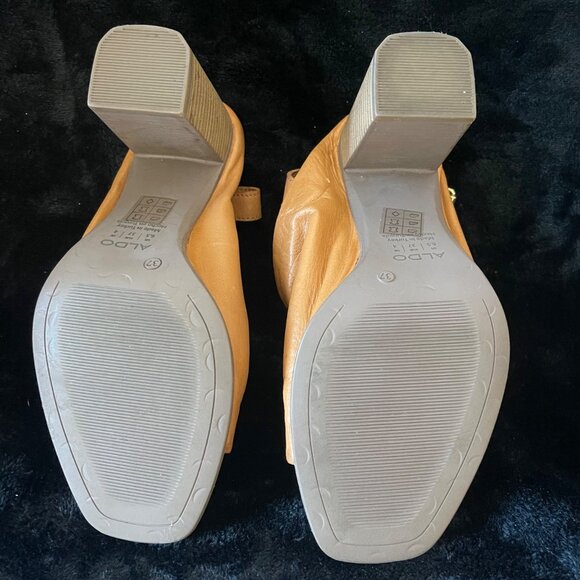 Aldo Camel Leather Heeled Sandals Women’s Size 6.5 Peep Toe Slingback Block Heel - Picture 8 of 8